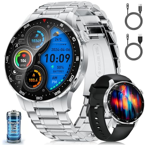 LIGEMI Smartwatch Hombre, 1.43 AMOLED Pantalla Redonda,123 Modos Deportivos,Ritmo Cardíaco Presión Arterial Sueño,Llamadas Bluetooth 5.3,2 Cables de Carga Magnéticos para Android iOS(SML21-D)