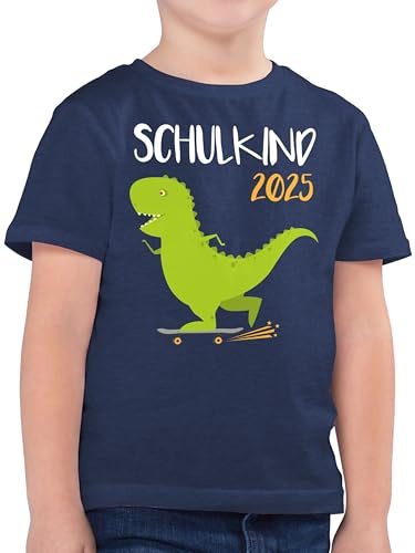 Kinder T-Shirt Jungen - Einschulung Junge - Schulkind 2026 - Dino mit Skateboard - 128 (7/8 Jahre) - Dunkelblau Meliert - Schulanfang Tshirt einschulungsshirt schulanfänger Dinos Shirt 2022