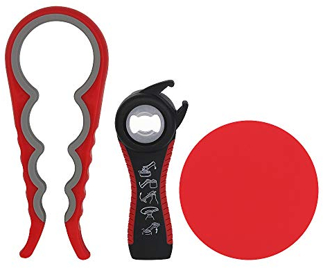 3Pcs Ouvre Boîte Manuel, LYTIVAGEN 5 en 1 Ouvre Bouteille + 4 en 1 Ouvre Bocal + Décapsuleur Silicone Anti-dérapant Economisez Effort, Idéal pour Femmes/Personnes âgée/Mains Faibles/Arthrite (Rouge)