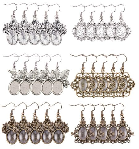 PH PandaHall 36pcs 3 Style Earring Pendant Tray Bezel Cabochon Settings, 40pcs Oval Transparent Glass Cabochons and 40pcs Brass Earring Hooks (Antique Silver & Bronze)