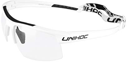 Unihoc Schutzbrille Energy Senior | Höchster Schutz beim Floorball | Verstellbare Bügel | Inkl. Aufbewahrungsbox, Brillenband, Putztuch | Schwarz
