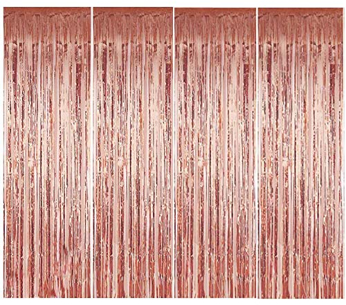 BangShou Metallische Lametta Vorhänge 4 Pack Folie Vorhang Metallic Tinsel Vorhänge mit Größe von 1m x 3m Hintergrund Fringe Vorhänge für Weihnachten, Halloween, Geburtstag, Hochzeit (Roségold)
