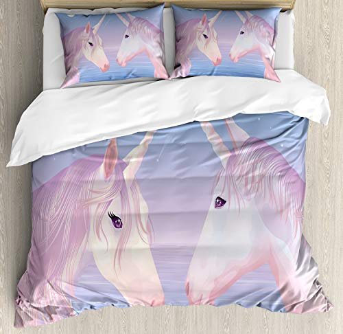 ABAKUHAUS Horse Duvet Cover Set, 2 Akhal Teke Unicorns, Bedding Set 3 Pieces with 2 Pillow Shams, 230 x 220 cm - 70 x 50 cm, Lilac and Blush