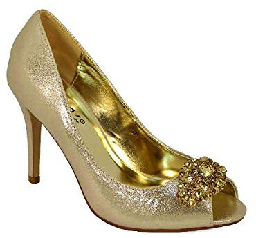 Ladies Womens Peep Toe Embellished Diamante Court Shoes Size 3-8 Gold Size 6 1023-3