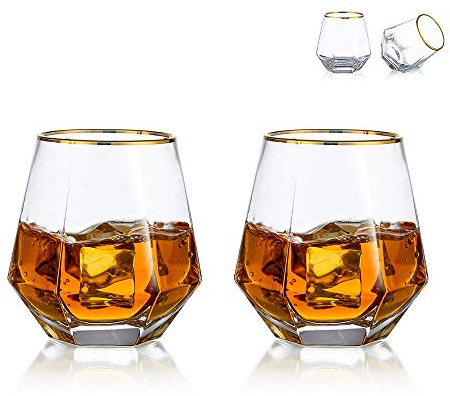 Diamond Whiskey Glasses Set of 2 Water Juice Tumbler Tilted Scotch Glass 300ml Whisky Glass Modern Look Glassware for Bourbon/Rum/Bar Tumbler