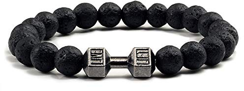 GROPC Natursteinarmband,8Mm Natürliche Schwarze Lava Perlen Armbänder Fitness Hantel Männer Armbänder Trendy Langhantel Sport Armband Armreifen Mit Geschenkbox