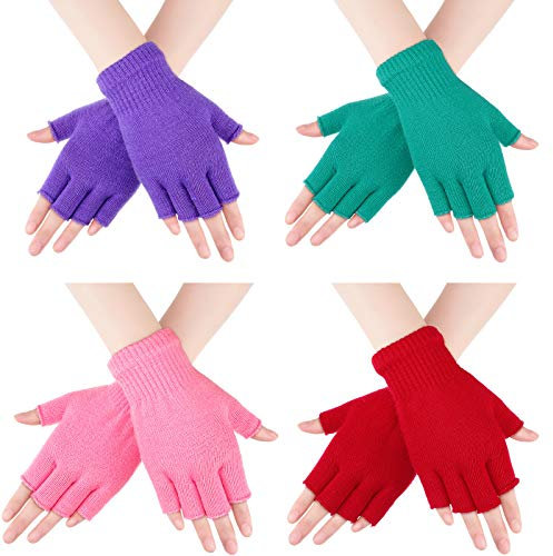 Bememo Fingerlose Handschuhe, Halbfinger-Handschuhe, Winter, einfarbig, gestrickt, für Jungen und Mädchen, 4 Paar, Rosa, Rot, Grün, Hellviolett, 5.5 x 3.9 inches