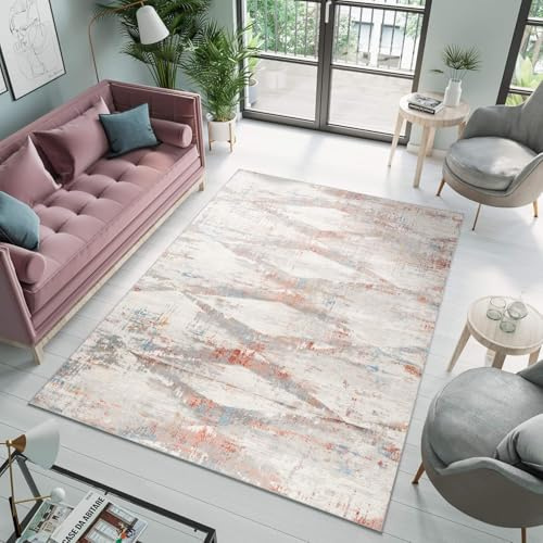 TAPISO Valley Teppich Kurzflor Hellgrau Grau Blau Rostbraun 120 x 170 cm | Design Used Effekt Meliert Verwischt Wohnzimmer Schlafzimmer OEKO-TEX
