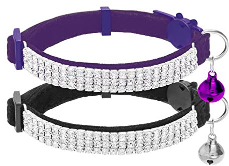 EXPAWLORER Katzenhalsband, mit Glöckchen und glitzernden Strasssteinen auf weichem Samt, sicher, verstellbar, für Katzen oder kleine Hunde, 2 Stück