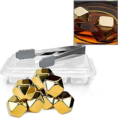 Whiskey Stones Gold Edition Geschenk-Set mit 8 Edelstahl-Eiswürfeln in Diamantform, wiederverwendbare Kühlsteine inklusive Silikonspitzenzange und Ablageschale