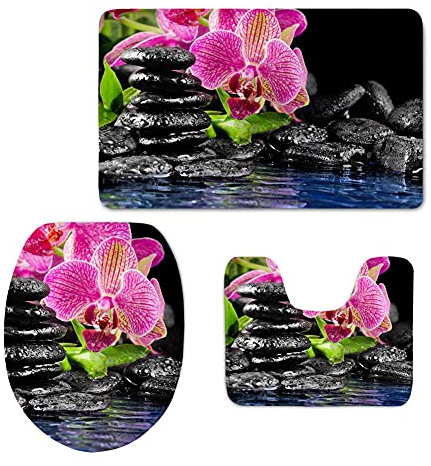 Wnyun Badezimmer Badematte 3 Teilig Set,Saugfähige badvorleger rutschfest waschbar Weich Schnelltrocknend,Duschmatte + U-förmige Konturmatte + WC-Deckelbezug,Orchideen-Zen-Yoga-50cmx80 cm