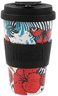 IDRINK® - Tasse à café RPET avec bouchon en silicone ouvrant, facile à porter 435 ml, Mug à emporter en plastique recyclé 8.7 x 8.7 x 15 cm ergonomique 435 ml (BUTTERFLY)