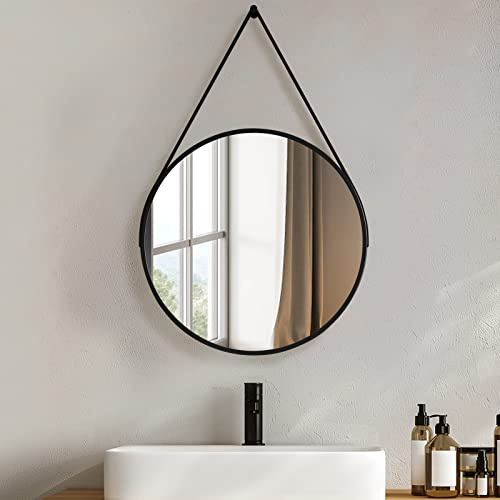 Heilmetz Spiegel Rund Schwarz Φ60cm, Runder Spiegel mit Metall Rahmen, Abnehmbar Band, Wandspiegel für Badezimmer, Schlafzimmer, Wohnzimmer, Eingang Wanddekoration