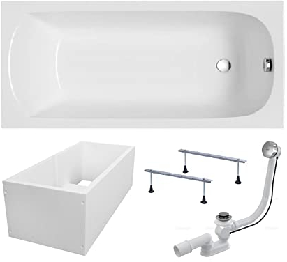 BADLAND Badewanne Original Weiß Acryl Wanne Rechteck CLASSIC 180x80 KOMPLETTSET SET mit Premium Wannenträger + Füßen und Exklusive Chrom Automatik Ablaufgarnitur Made in EU 4in1