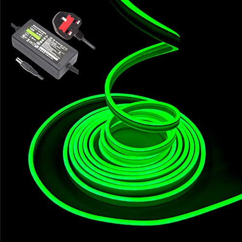 balabaxer Green neon LED strip lights – 16.4ft/5m 12V DC flexible rope light with 600 high-density SMD2835 LEDs, featuring IP65 waterproof rating for indoor and outdoor decor (includes power adapter).
