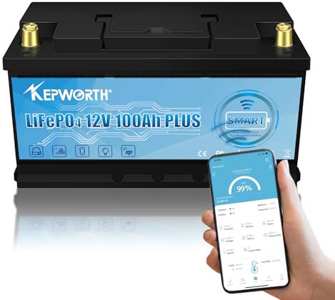 Batterie Lithium Lifepo4 Bluetooth 12v 100ah, Cycle Profonde 7000+ Fois, avec BMS Remplace la Batterie AGM ou Gel pour Camping-Car, Bateau, Camping ou système Solaire