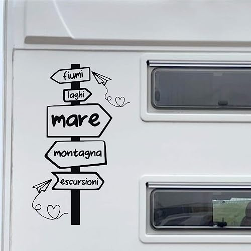 Adesivo sticker camper frase frasi CARTELLO MARE MONTAGNA LAGO -caravan roulotte- accessori grafiche fiancata scegli colore cod.1975 (070 Nero, cm 35 x 57)