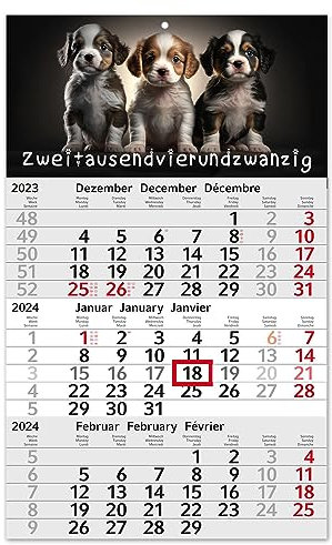 3-Monatskalender 2024 Hund I Wandkalender 3 Monate Einblatt I 30 x 49 cm I mehrsprachig D/GB/F Jahresplaner mit Schieber I Motiv Welpen Tiere süß lustig Elegant I tr200