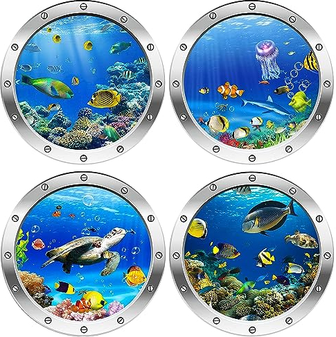 AINIUNIU 3D Wandtattoo Unterwasserwelt, 4 Stück 3D Wandtattoo Unterwasserwelt,Wandsticker Badezimmer Bilder,3D Hai Wandtattoo Kinderzimmer, Meerestiere Sticker für Schlafzimmer (fish)