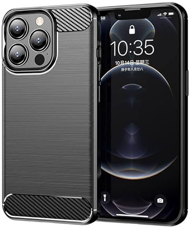 PIXFAB For iPhone 14 Pro Case, [Slim Fit] Shockproof Brushed Carbon Fibre [Protective Case] Cover, Gel Rubber Phone Case For Apple iPhone 14 Pro - Black