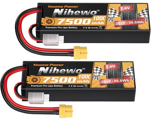 Nihewo 2Pack 2S Lipo Batteria, 7.4V 7500mAh RC Batteria 100C Custodia Rigida Lipos XT60 Connettore Compatibile con 1/8 1/10 RC Auto Camion Truggy Veicoli Serbatoio Barca Aereo Modelli