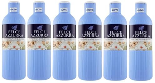 Confezione da 6 pezzi Paglieri Felce Azzurra Bagnodoccia Mandorla e The Bianco, lavaggio corpo a mandorla e tè bianco, gel doccia 650 ml