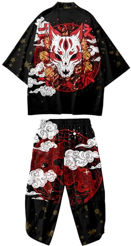 DOSLAVIDA Ensemble de veste kimono japonaise pour hommes, veste élégante ouverte sur le devant avec short, cardigan imprimé de style chinois