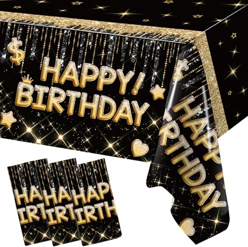 Schwarz Gold Tischdecke Geburtstag, 3 Stück 220×130cm Tischdecken Happy Birthday Deko, Party Tischdecke Wasserdicht, Schwarz Gold Table Cloth für Geburtstagsdeko Tisch, Birthday Decorations