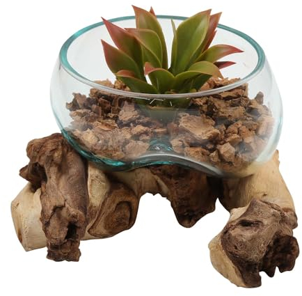 Glasvase auf Wurzelholz Ø 15cm x Höhe 8cm aus Recycling Glas & Teak Wurzel Holz handgefertigt | extravagante Wohndeko Deko-Vase Glasschale Natur-Vase | A40