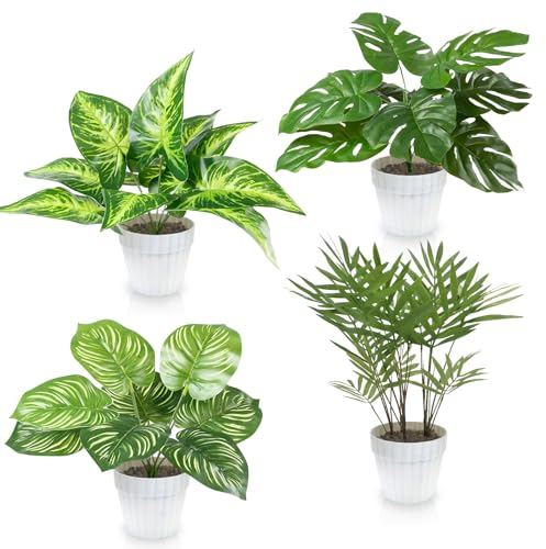 INSANYJ Plantas Artificiales Decorativas, 4 Piezas Plantas Artificiales Exterior Interior en Macetas de Cerámica Blancas: Plantas Artificiales, Decoracion Hogar, Decoracion Habitacion