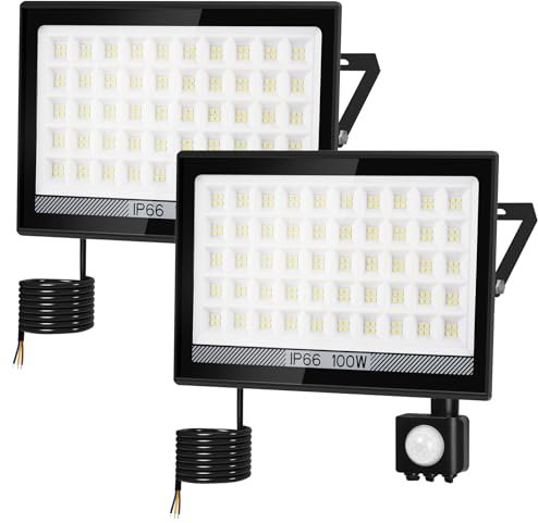 NATPOW 100W Motion Sensor Outdoor Security Lights, LED Flood Lights with Smart PIR Sensor, 11000LM, IP66, 6000K Daylight White Wall Light for Front Door, Warehouse, Parking Lot, Yard, 2 Packs