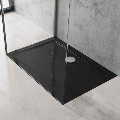 doporro Piatto Doccia 80x100 cm Rettangolare in Acrilico Rinforzato Nero, Altezza 4 cm Ultrasottile, con Piletta di Scarico Cromata Inclusa （AL01) - Faro2