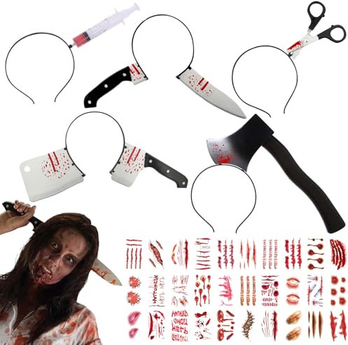 Auzlya Lot de 5 couteaux d'Halloween dans la tête - Accessoires d'Halloween - Ciseaux sanglants dans la tête - Avec tatouage - Pour homme et femme - Pour fête d'Halloween