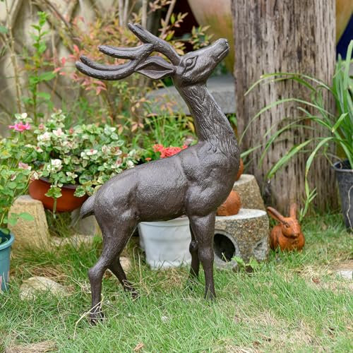 Sungmor Große Hirschfigur aus Gusseisen, für den Innen- und Außenbereich, dekorative Tierstatue, 55,9 cm hoch, schwere und realistische Hirsch-Skulptur, Heim-Desktop-Kamindekoration, rustikales Braun