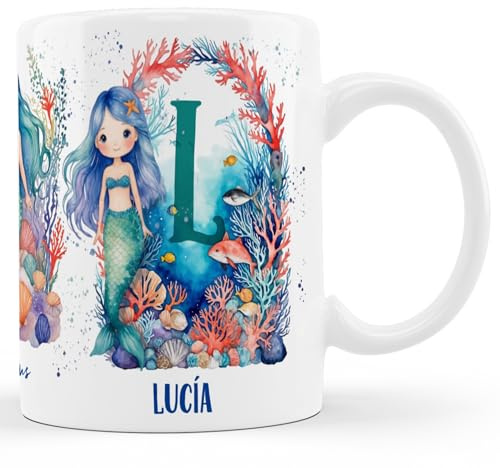 Taza de Sirenas Personalizada para Niñas Con Inicial y Nombre (A-Z) - Cerámica, Desayuno, Café - Regalo Con Letra y Nombre (Letra-L)
