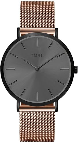 TORII Damenuhr Grau Edelstahl - rund Quarz B38RM.AB Milanaise-Armband Strichindizes wasserdicht 50 m