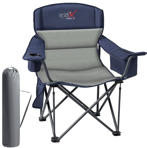 RELAX FIELD Campingstuhl Faltbar 200KG mit Getränkehalter und Kühltasche, Klappstuhl Camping, Anglerstuhl Klappbar mit Hohe Rückenlehne, Blau
