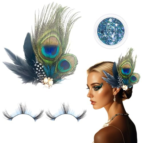 Pfau Kopfschmuck und Künstliche Wimpern Set – Prächtiges Pfau Kostüm Damen Zubehör, Ideale Ergänzung für Jedes Der Pfau Themen Outfit – Auffällige Fascinator und Falsche Wimpern