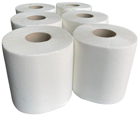 Centrefeed Kitchen Roll 6 Pack - 50m 2 Ply Paper Tissue Rolls, White Towel With Embossed Pattern for Kitchen, Workshops, Office, Commercial Use - Recycled Paper