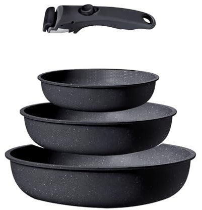 GiPP Keramik Topfset mit Abnehmbarer Griff, 5-Teilig Topf und Pfannenset mit Antihaft Beschichtet, Topfset Induktion Kochtopf Set, Backofenfest, für Alle Herdarten, PTFE/PFOA-frei, Schwarz
