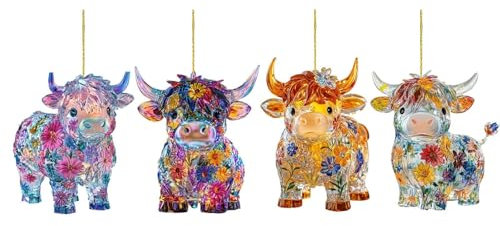 Highland Kuh Weihnachtskugel aus Acryl Christbaumschmuck Lustig - Christbaumkugel Figuren Weihnachtsdeko Anhänger - Deko Baumkugel Geschenk für Damen Frauen Mädchen (4)