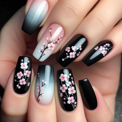 MouyouGlow Press on Nails Kurz,Ballerina Weiß Farbverlauf Schwarz Pflaumenblüte Blumen Floral Fake Nails Kunstnägel mit Nagelkleber,White Ombre Black Flowers Künstliche Fingernägel