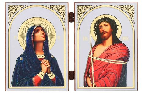 NKlaus Diptychon christliche Ikone Holz, 6cm Deva Maria Jesus, 1 Stück | Reisealtar; 8,5x12,6cm; 12,6x8,5x0,6cm