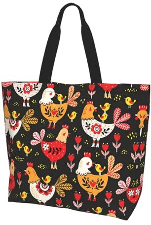 DNBCLEZK Süße Schultertasche aus Polyester mit Hahn-Hühnern, große Tasche, Shopper mit trendigen Drucken, Uni, für den täglichen Gebrauch für Damen und Herren (mehrere Muster-Designs), Schwarz