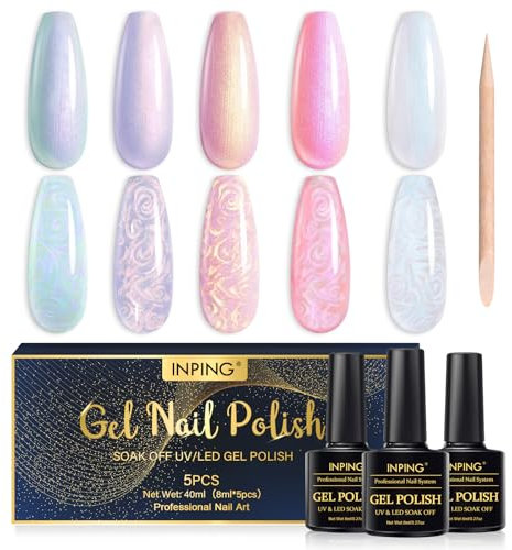 INPING Pearl Gel Nail Polish, 5 Colors Shimmer Pearlescent Shell White Pink Purple Green Glitter Gel Polish Soak-Off UV Nail Art Varnish Kit, 8 ML