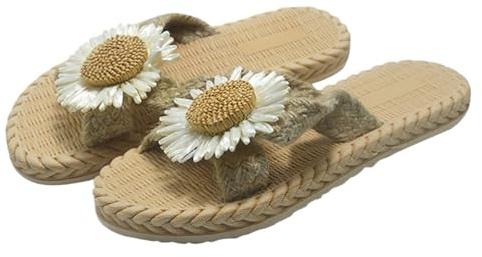 YZDKR Tongs Pantoufles de Plage Imitation Paille Tissé Femmes Sandales Plates Tout Assorti Pantoufles D'été en Coton Et Lin Dames pour l'extérieur(39)
