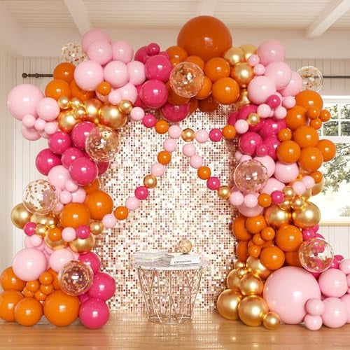Kit d'arche de ballons roses et oranges, 162 pièces de ballons rose vif, orange, doré métallique et confettis pour douche nuptiale, baby shower, mariage, enterrement de vie de jeune fille