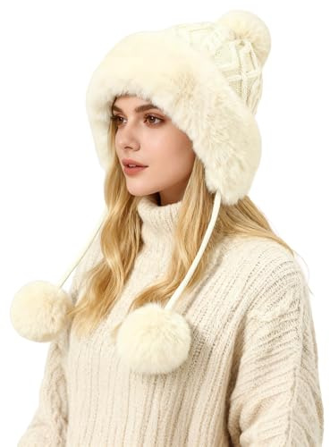 TAGVO Women's Winter Knit Hat with Fleece Lining & Triple Pom Poms – Warm Soft Earflap Beanie for Cold Weather