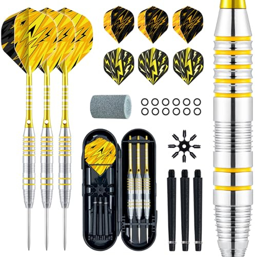 XAWU Dartpfeil-Set mit Stahlspitze, 22 g, mit 9 Dart-Flights, 3 Aluminium-Schäften, 3 Ersatzschäften, 1 Dartschärfer, 12 Gummi-O-Ringe, Flugschutz und Dart-Etui, 3 Stück