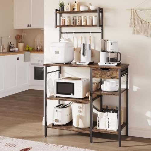 Bestier Microwave Oven Rack, 90cm Large Microwave Oven Kitchen Rack with 2 Height-Adjustable and Removable Shelves, High Load-Bearing Design, Drawers, 10 S-Hooks, Kitchen Shelf, Kitchen Storage